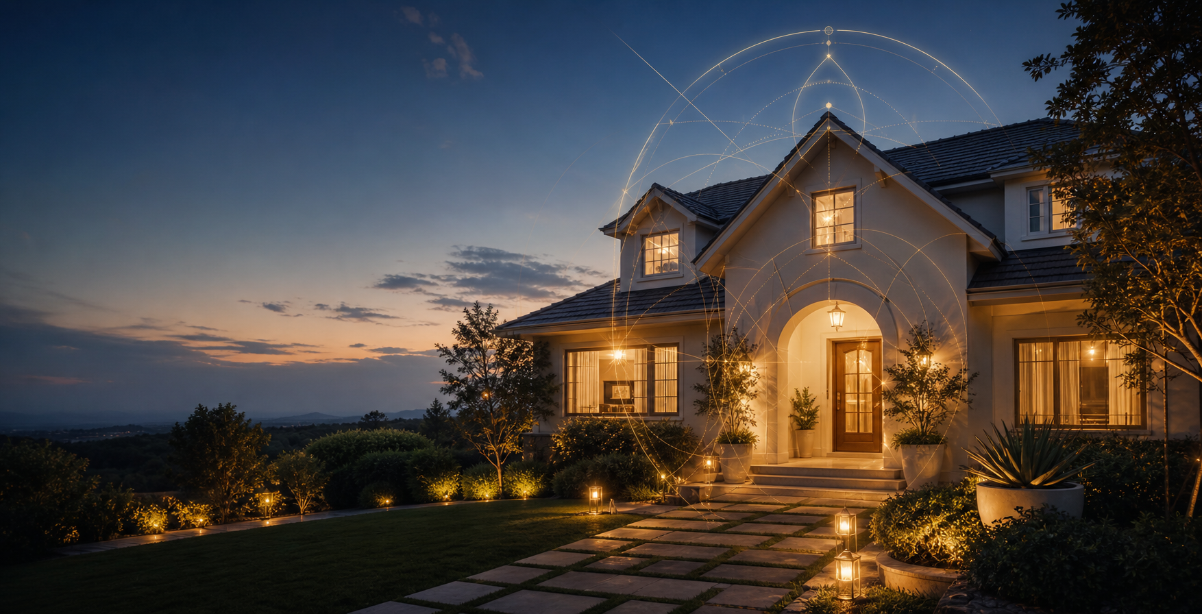 Casa acolhedora ao entardecer com luz suave e símbolos dourados de proteção